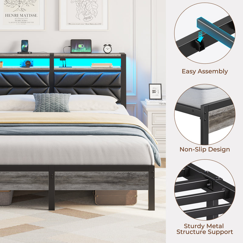 Seventable Bed Frame Full Size with Charging Station, LED Bed with Upholstered Storage Headboard, Metal Platform Bed with Under Bed Storage, No Box Spring Needed, Noise Free, Easy Assembly, Black