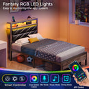 Seventable Bed Frame Twin Size with Charging Station, LED Bed with Upholstered Storage Headboard, Metal Platform Bed with Under Bed Storage, No Box Spring Needed, Noise Free, Easy Assembly, Grey