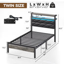 Seventable Bed Frame Twin Size with Charging Station, LED Bed with Upholstered Storage Headboard, Metal Platform Bed with Under Bed Storage, No Box Spring Needed, Noise Free, Easy Assembly, Grey