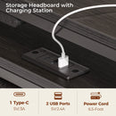 Seventable Bed Frame Twin Size with Charging Station, LED Bed with Upholstered Storage Headboard, Metal Platform Bed with Under Bed Storage, No Box Spring Needed, Noise Free, Easy Assembly, Grey