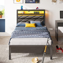 Seventable Bed Frame Twin Size with Charging Station, LED Bed with Upholstered Storage Headboard, Metal Platform Bed with Under Bed Storage, No Box Spring Needed, Noise Free, Easy Assembly, Grey