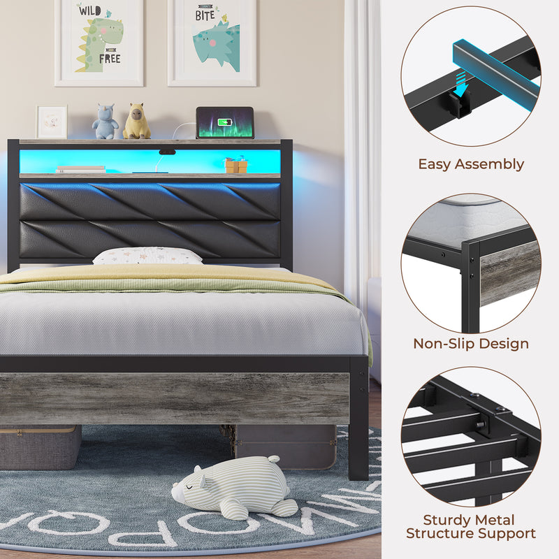 Seventable Bed Frame Twin Size with Charging Station, LED Bed with Upholstered Storage Headboard, Metal Platform Bed with Under Bed Storage, No Box Spring Needed, Noise Free, Easy Assembly, Grey