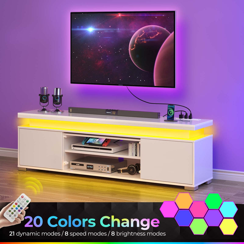 Rolanstar TV Stand with Power Outlet & LED Lights, Modern Entertainment Center for 32/43/50/55/65 Inchs TVs, TV Table, Universal Gaming LED TV Media Stand with Large Storage Cabinet