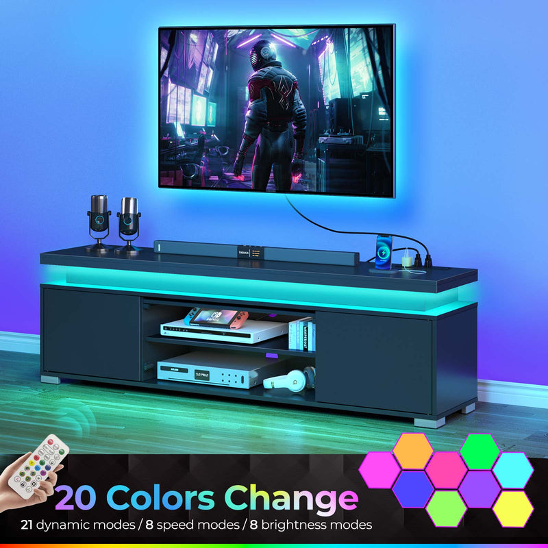 Rolanstar TV Stand with Power Outlet & LED Lights, Modern Entertainment Center for 32/43/50/55/65 Inchs TVs, TV Table, Universal Gaming LED TV Media Stand with Large Storage Cabinet
