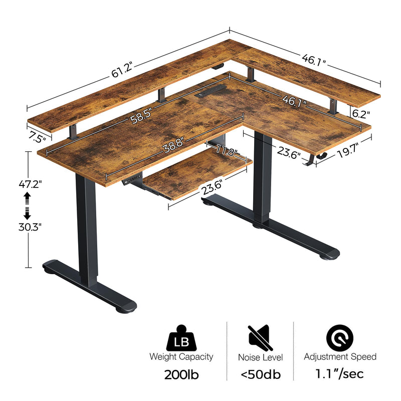 Rolanstar L Shaped Standing Desk with LED Light and Power Outlet, Dual Motor Height Adjustable Electric Standing Desk with Monitor Stand & Keyboard Tray, 61.2" Sit Stand Desk Rustic Brown