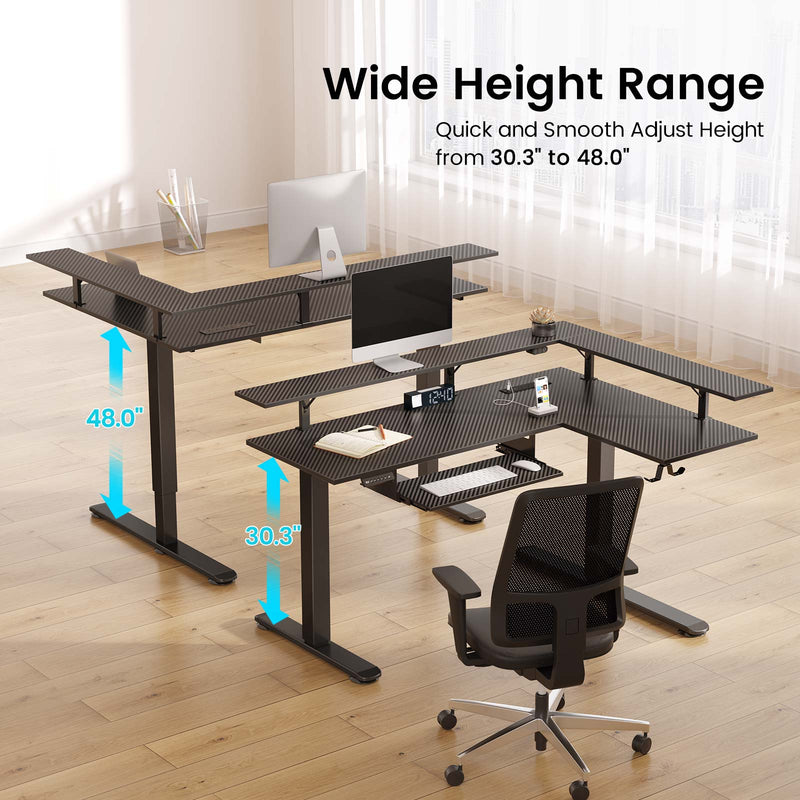 Rolanstar L Shaped Standing Desk with LED Light and Power Outlet, Dual Motor Height Adjustable Electric Standing Desk with Monitor Stand & Keyboard Tray, Carbon Fiber Black
