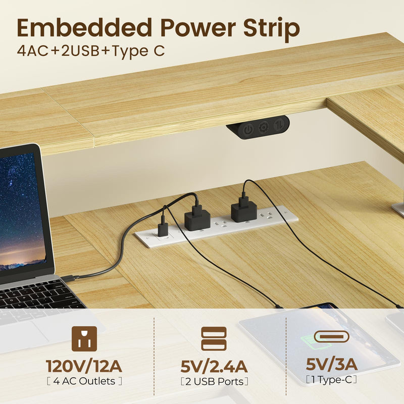 Rolanstar L Shaped Standing Desk with LED Light and Power Outlet, Dual Motor Height Adjustable, 61.2" Electric Standing Desk with Monitor Stand & Keyboard Tray Beige