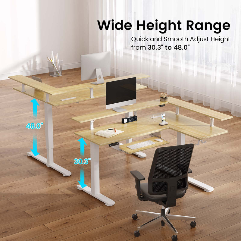 Rolanstar L Shaped Standing Desk with LED Light and Power Outlet, Dual Motor Height Adjustable, 61.2" Electric Standing Desk with Monitor Stand & Keyboard Tray Beige