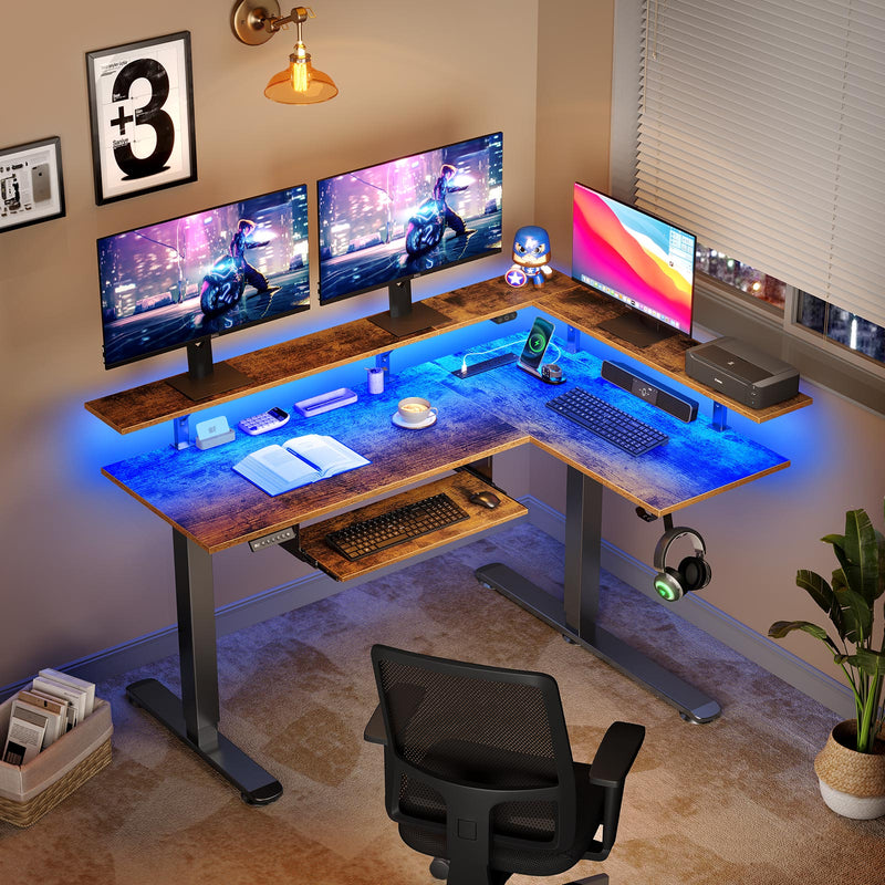 Rolanstar L Shaped Standing Desk with LED Light and Power Outlet, Dual Motor Height Adjustable Electric Standing Desk with Monitor Stand & Keyboard Tray, 61.2" Sit Stand Desk Rustic Brown