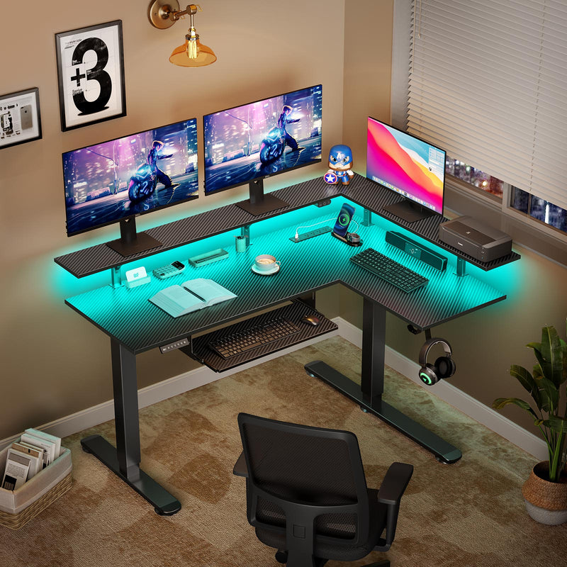 Rolanstar L Shaped Standing Desk with LED Light and Power Outlet, Dual Motor Height Adjustable Electric Standing Desk with Monitor Stand & Keyboard Tray, Carbon Fiber Black