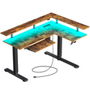 Rolanstar L Shaped Standing Desk with LED Light and Power Outlet, Dual Motor Height Adjustable Electric Standing Desk with Monitor Stand & Keyboard Tray, 61.2" Sit Stand Desk Rustic Brown