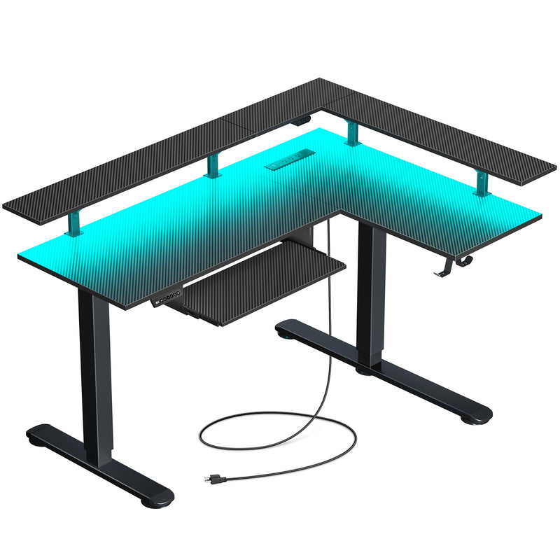 Rolanstar L Shaped Standing Desk with LED Light and Power Outlet, Dual Motor Height Adjustable Electric Standing Desk with Monitor Stand & Keyboard Tray, Carbon Fiber Black