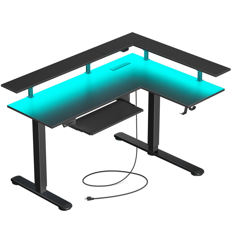 Rolanstar L Shaped Standing Desk with LED Light and Power Outlet, Dual Motor Height Adjustable Electric Standing Desk with Monitor Stand & Keyboard Tray, 61.2" Sit Stand Desk Black