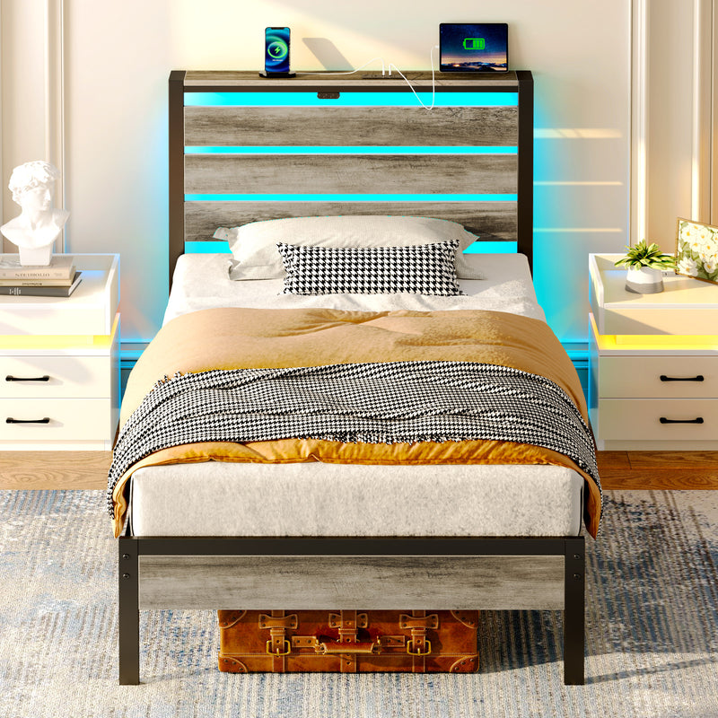 Rolanstar Bed Frame Twin Size with USB Charging Station, LED Bed Frame with Wood Storage Headboard, Light Grey Metal Platform Bed with Under Bed Storage, No Box Spring Needed, Noise Free