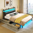 RolanstarBed with Headboard and Power Outlets, Upholstered bed with 4 Drawers and RGB LED Lights