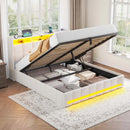 Upholstered Lift Up Storage Bed Frame with LED Lights and Charging Station, Platform Bed, No Box Spring Needed