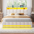 Upholstered Lift Up Storage Bed Frame with LED Lights and Charging Station, Platform Bed, No Box Spring Needed
