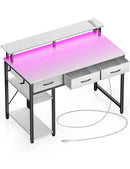 Rolanstar Computer Desk with Power Outlets & LED Light 39 inch White