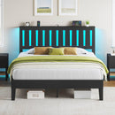 Rolanstar Full Bed Frame with Headboard, Solid Wood Bed Frame Foundation with Wood Slat Support, Charging Station & LED Lights, No Box Spring Needed, Black