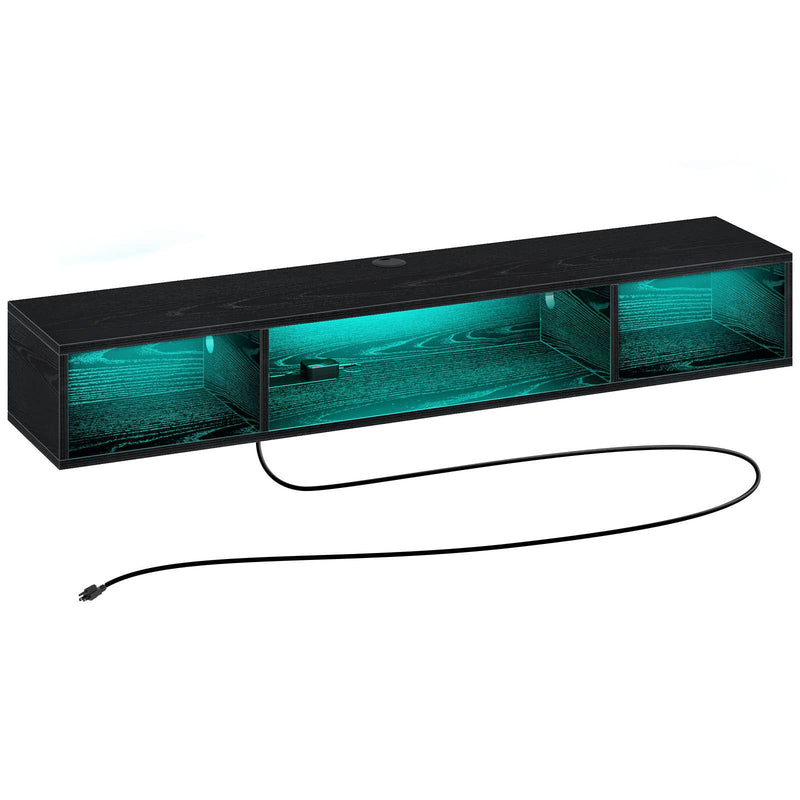 Rolanstar TV Stand with Power Outlet, Floating TV Stand with RGB Lights, 55.1" Wall Mounted TV Shelf, Black Media Console with Storage Shelf, Entertainment Under TV for Living Room, Bedroom