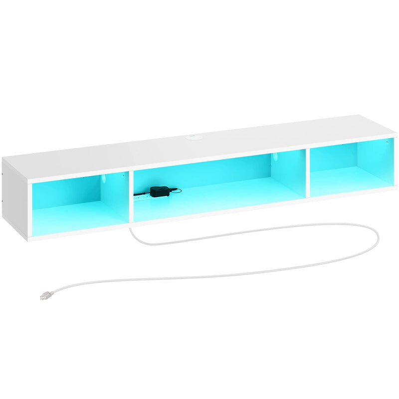 Rolanstar TV Stand with Power Outlet, Floating TV Stand with RGB Lights, 55.1" Wall Mounted TV Shelf, White Media Console with Storage Shelf, Entertainment Under TV for Living Room, Bedroom