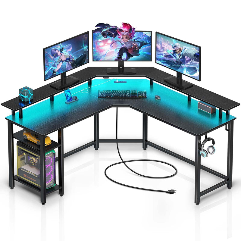 Rolanstar L Shaped Gaming Desk with LED Lights & Power Outlets, 53" Computer Desk with Full Monitor Stand & Storage Shelf, Corner Desk with Hooks, Black Desk Reversible