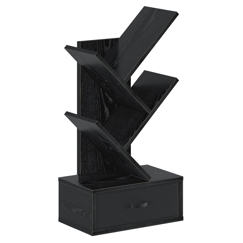 Rolanstar Bookshelf with Drawer, 4 Shelf Tree Bookshelf, Wooden Bookshelves Storage Rack for CDs/Movies/Books, Black Bookcase, Utility Organizer Shelves for Living Room, Bedroom