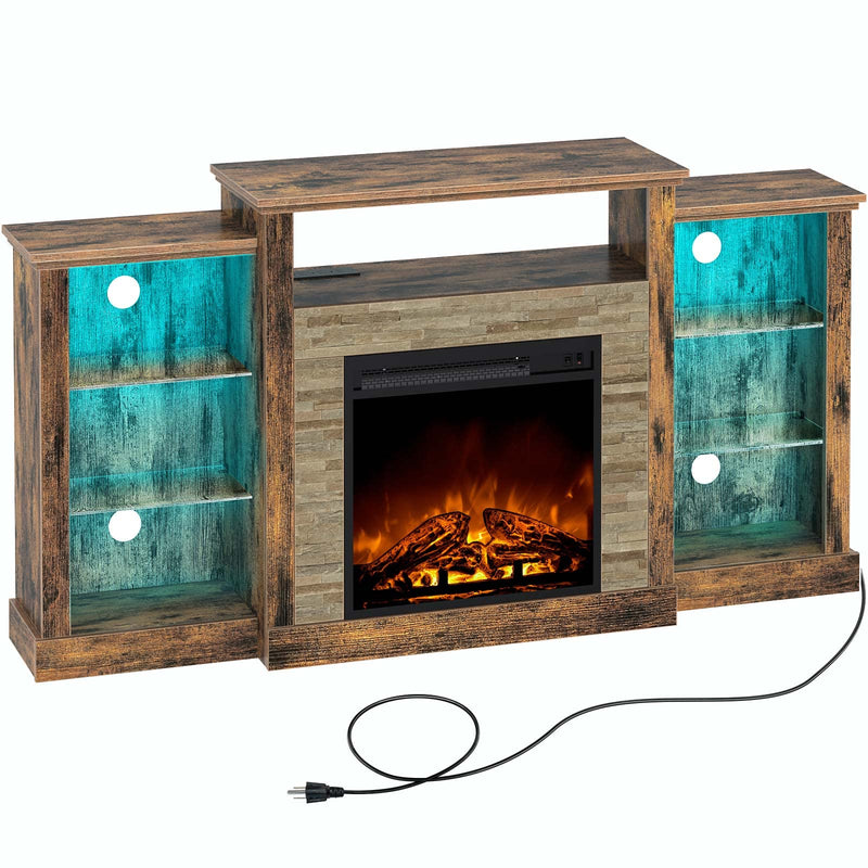 Rolanstar Fireplace TV Stand with Led Lights and Power Outlets, TV Console for 32" 43" 50" 55" 65", Entertainment Center with Adjustable Glass Shelves, Rustic Brown