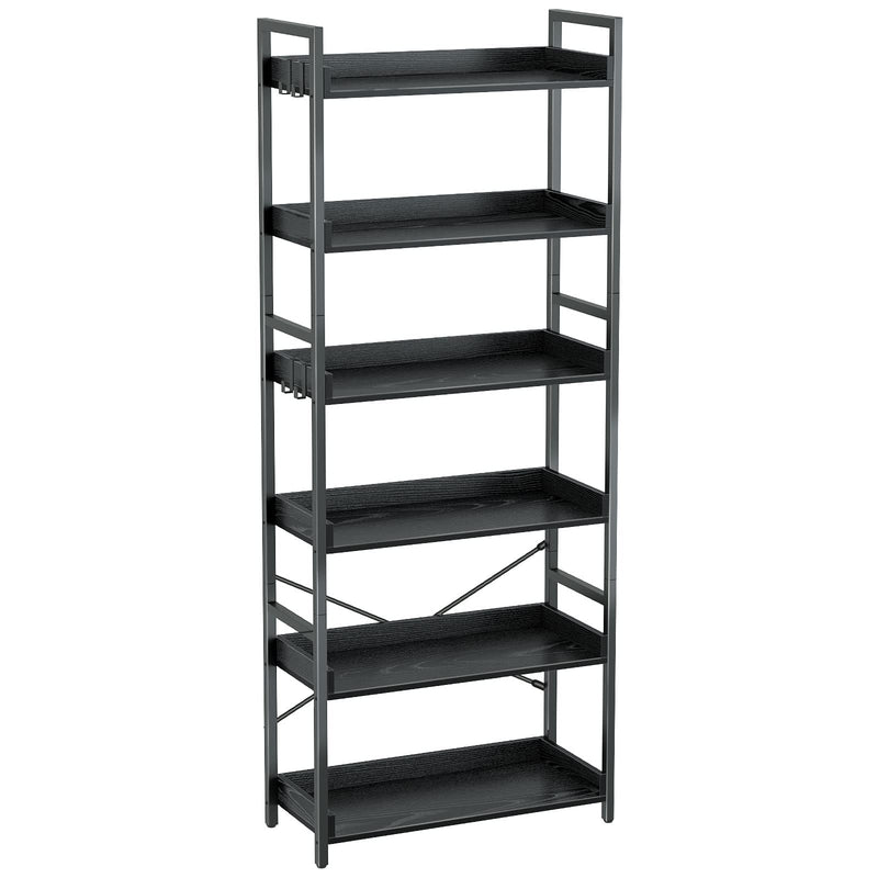Rolanstar Bookshelf 6 Tier with 4 Hooks, Industrial Bookcase, Vintage Storage Rack with Open Shelves, Rustic Standing Bookshelves Metal Frame Display Rack for Living Room, Bedroom, Black