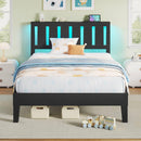 Rolanstar Twin Bed Frame with Headboard, Solid Wood Bed Frame Foundation with Wood Slat SupportCha, rging Station & LED Lights, No Box Spring Needed, Black