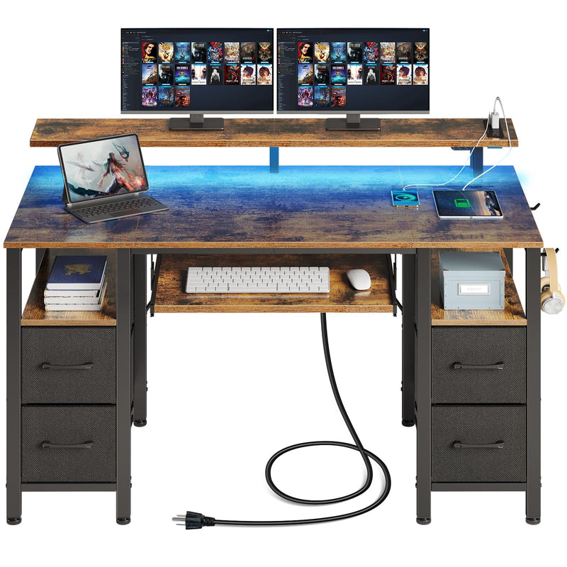 Seventable Computer Desk 55.1" with LED Lights & Power Outlets, Home Office Desk with 4 Drawers, Writing Desk with Keyboard Tray, Study Table with Monitor Stand, Work Table for Office, Rustic Brown