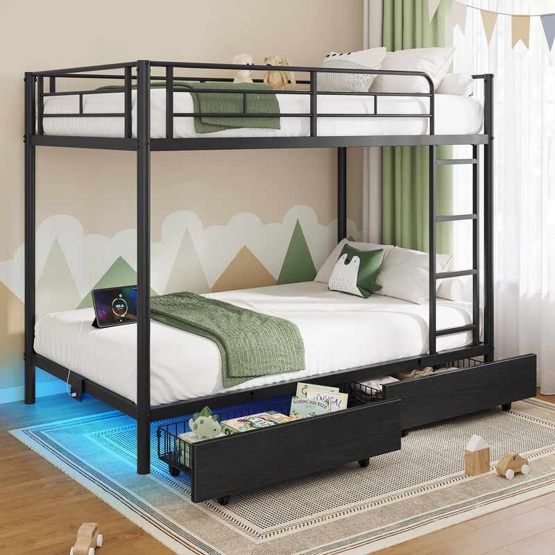 Rolanstar Metal Bunk Bed Twin Over Twin with USB Charging Station, LED Bunk Bed with 2 Storage Drawers, Bed with Safety Guardrail & Ladders, No Box Spring Needed, Easy Assembly, Black