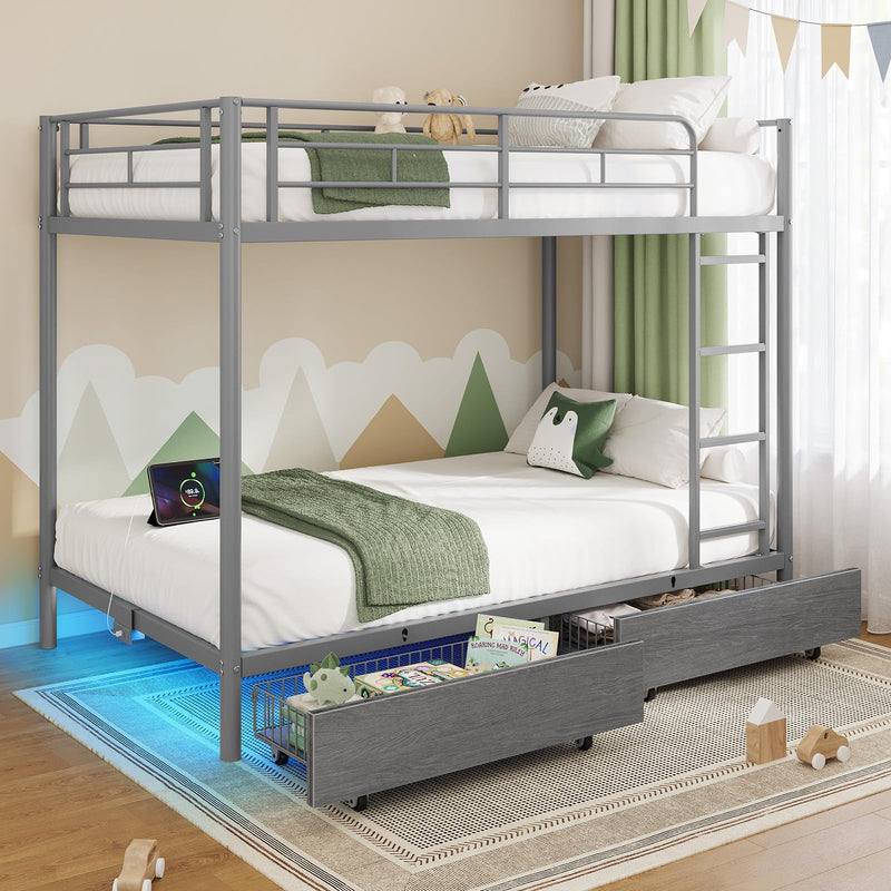 Rolanstar Metal Bunk Bed Twin Over Twin with USB Charging Station, LED Bunk Bed with 2 Storage Drawers, Bed with Safety Guardrail & Ladders, No Box Spring Needed, Easy Assembly, Grey
