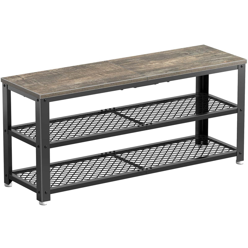 Rolanstar Shoe Bench, 3-Tier Shoe Rack, 39.4” Storage Entry Bench with Mesh Shelves Wood Seat, Rustic Foyer Bench for Hallway Front Door, Doorway, Living Room, Mudroom, Steel Frame, Gray