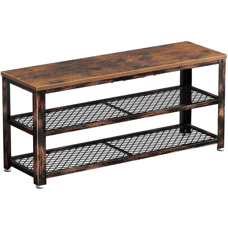 Rolanstar Shoe Bench, 3-Tier Shoe Rack, 39.4” Storage Entry Bench with Mesh Shelves Wood Seat, Rustic Foyer Bench for Hallway Front Door, Doorway, Living Room, Mudroom, Steel Frame, Rustic Brown