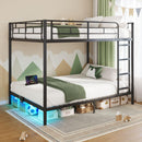 Rolanstar Metal Bunk Bed Full Over Full with USB Charging Station, LED Bunk Bed & Space-Saving, Bed with Safety Guardrail & Ladders, No Box Spring Needed, Easy Assembly, Black