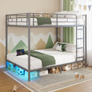 Rolanstar Metal Bunk Bed Twin Over Twin with USB Charging Station, LED Bunk Bed & Space-Saving, Bed with Safety Guardrail & Ladders, No Box Spring Needed, Easy Assembly, Grey