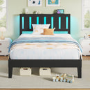 Rolanstar Twin Bed Frame with Headboard, Charging Station and LED Lights, Wooden Bed Frame Foundation with Wood Slat Support, No Box Spring Needed, Black