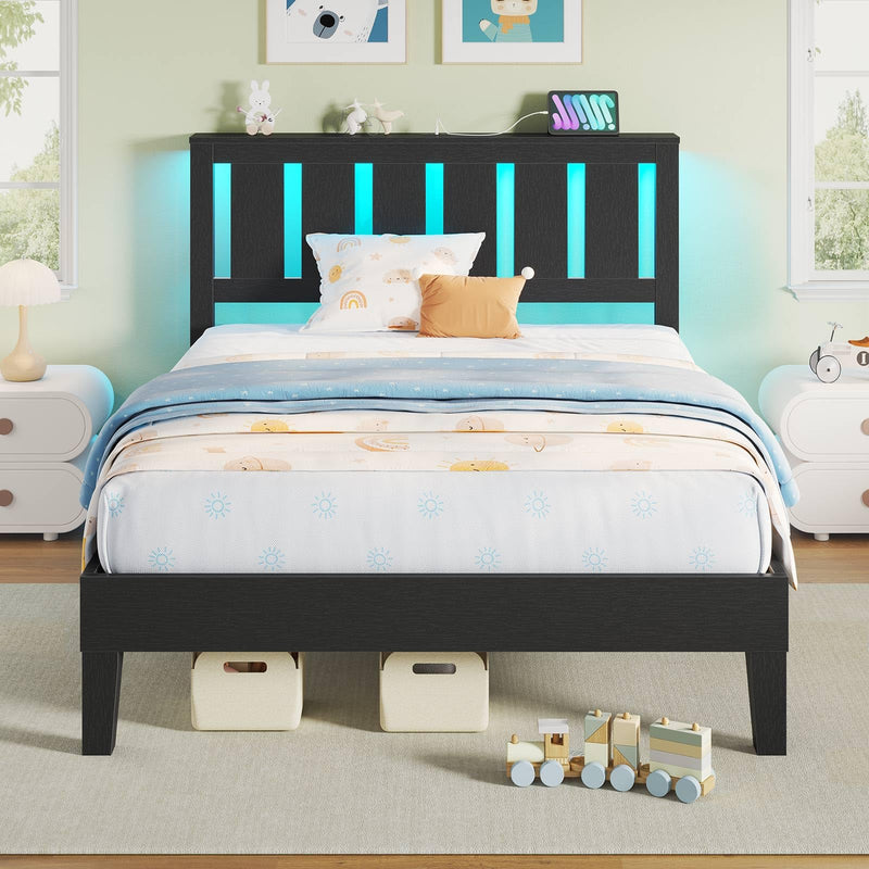 Rolanstar Twin Bed Frame with Headboard, Charging Station and LED Lights, Wooden Bed Frame Foundation with Wood Slat Support, No Box Spring Needed, Black