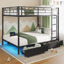 Rolanstar Metal Bunk Bed Full Over Full with USB Charging Station, LED Bunk Bed with 2 Storage Drawers, Bed with Safety Guardrail & Ladders, No Box Spring Needed, Easy Assembly, Black