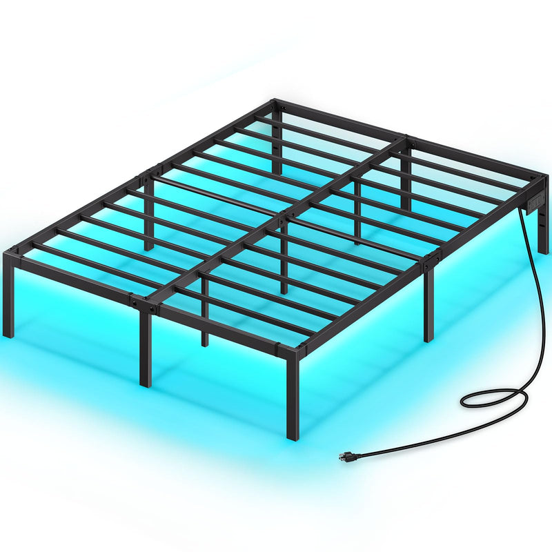 Rolanstar Bed Frame with USB Charging Station, Queen Bed Frame with LED Lights, Platform Bed Frame with Heavy Duty Steel Slats, 14" Storage Space Beneath Bed