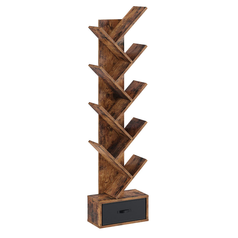 Rolanstar Tree Bookshelf with Drawer, 9 Shelf Bookshelf, Wooden Bookcase Storage Rack for CDs/Movies/Books, Corner Bookshelves, Utility Organizer Shelves for Living Room, Bedroom, Rustic Brown