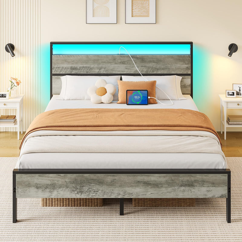 Rolanstar Queen Bed Frame with Headboard, Bed Frame Queen with LED Lights, Camas Queen Size Bed with Charging Station, Solid Metal Slats, Noise Free, No Box Spring Needed, Grey