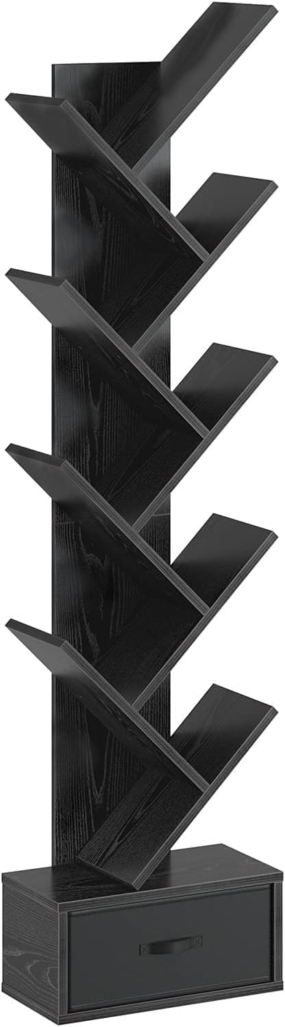 Rolanstar Bookshelf with Drawer,9 Shelf Tree Bookshelf,Retro Bookcase,Wooden Storage Rack for CDs/Movies/Books, Utility Organizer Shelves for Bedroom, Living Room, Home Office