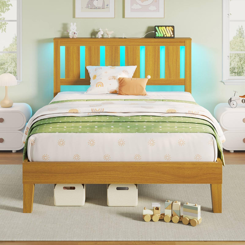 Rolanstar Twin Bed Frame with Headboard, Charging Station and LED Lights, Wooden Bed Frame Foundation with Wood Slat Support, No Box Spring Needed, Pine