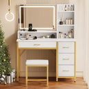 Rolanstar Vanity Desk with Mirror and Lights, Makeup Vanity with Upholstered Vanity Stool, 4 Drawers, Power Outlets, Vanity Set with 4 Compartments for Bedroom White and Gold