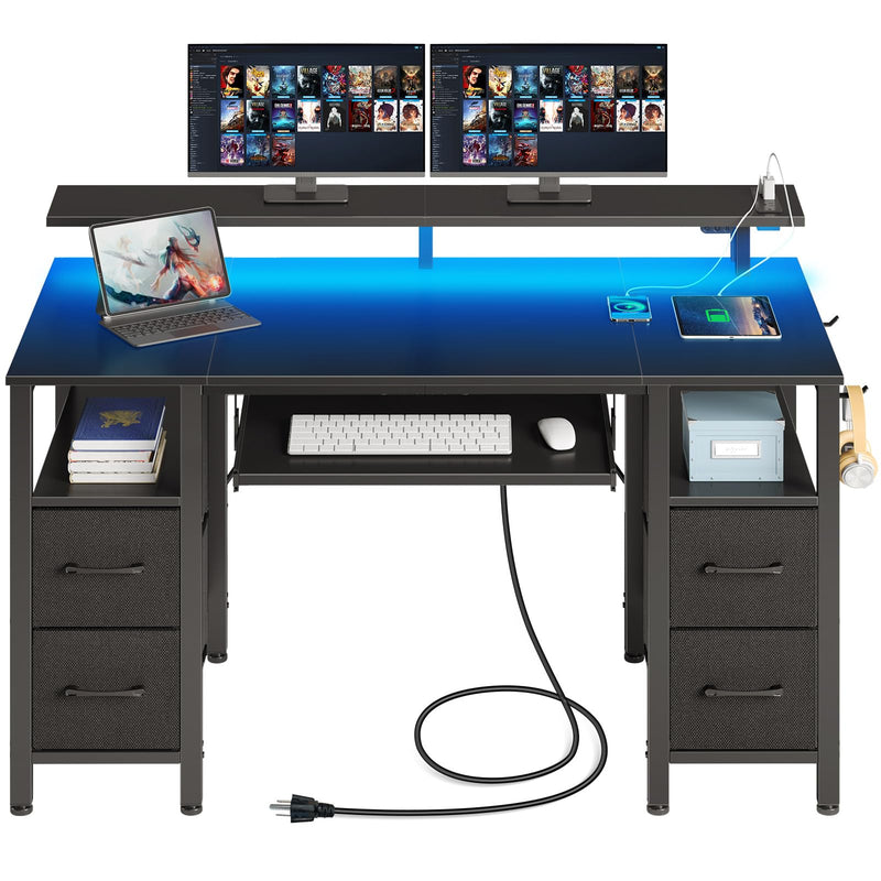 Seventable Computer Desk 47.2" with LED Lights & Power Outlets, Home Office Desk with 4 Drawers, Writing Desk with Keyboard Tray, Study Table with Monitor Stand, Work Desks for Home Office, Black