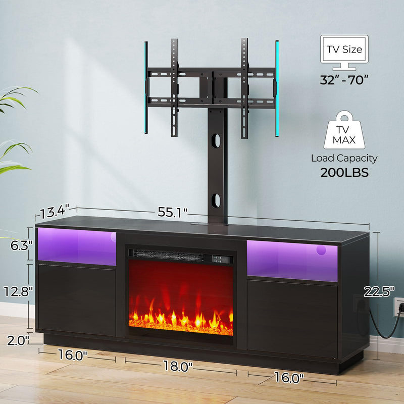 Rolanstar Fireplace TV Stand with Led Lights and Power Outlets, Entertainment Center with Electric Fireplace, Swivel TV Stand Mount for 45/55/60/65 inch TVs, Height Adjustable TV Console, Black