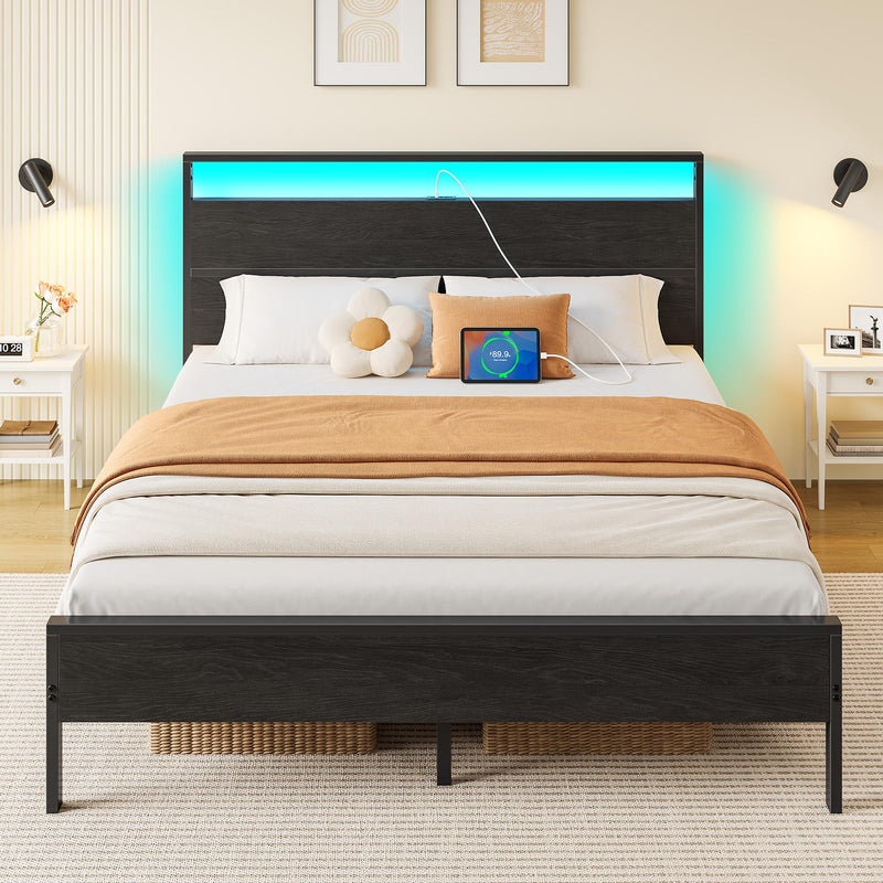 Rolanstar Full Bed Frame with Headboard, Bed Frame Full with LED Lights, Camas Full Size Bed with Charging Station, Solid Metal Slats, Noise Free, No Box Spring Needed, Black
