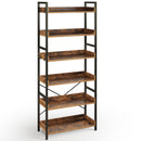 Rolanstar Bookshelf 6 Tier with 4 Hooks, Industrial Bookcase, Vintage Storage Rack with Open Shelves, Rustic Standing Bookshelves Metal Frame Display Rack for Living Room, Bedroom, Rustic Brown